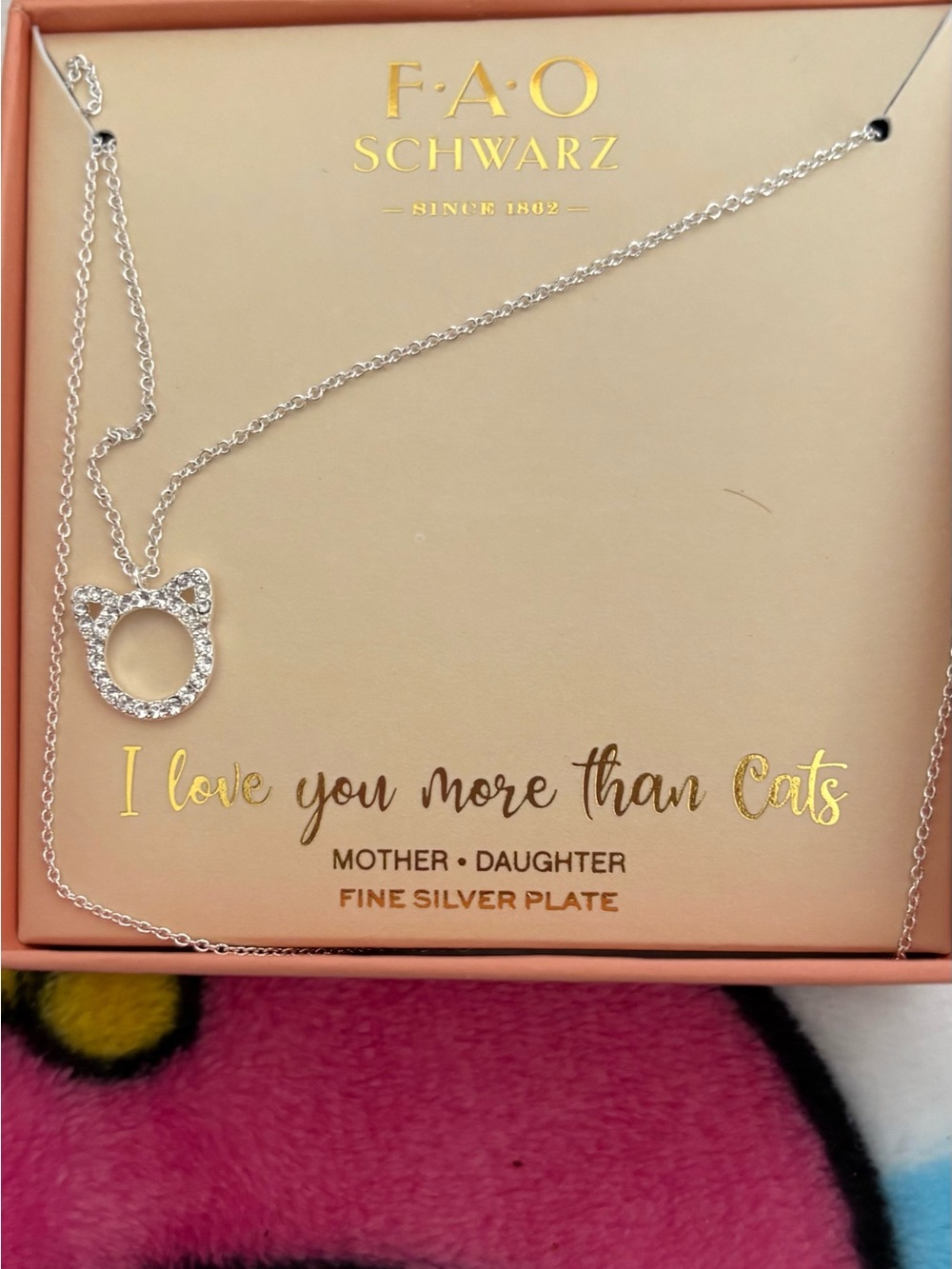 FAO Schwarz Silver Cat Pendant Necklace with Crystal Accents